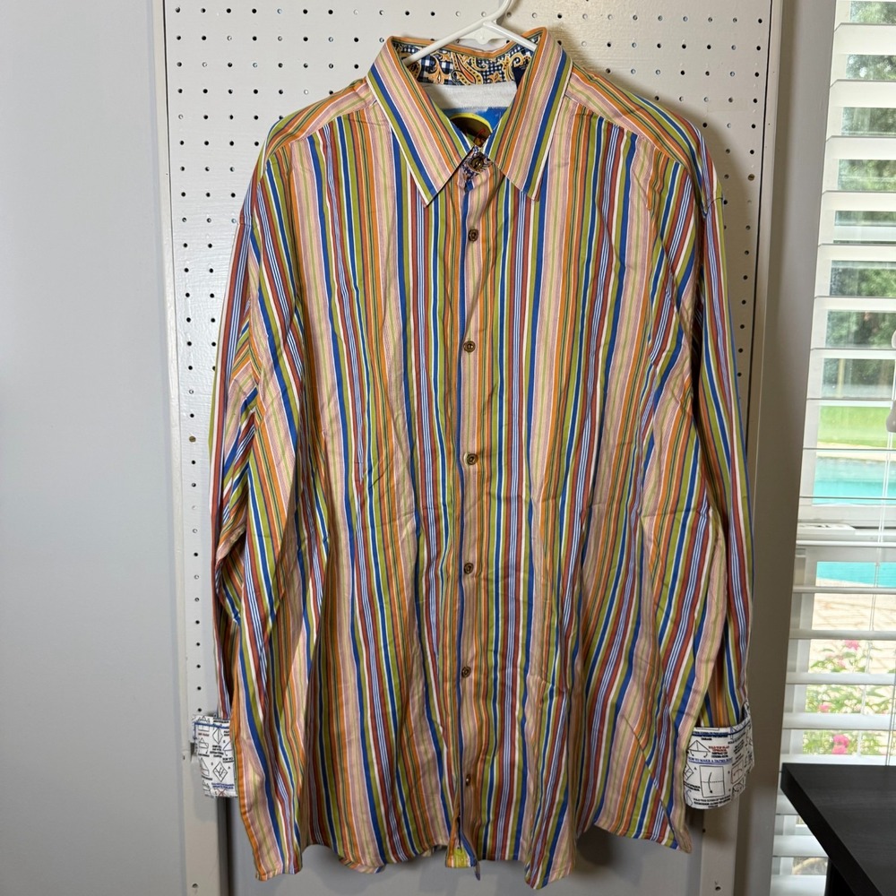 Robert Graham Shirt Men's Big 2XL Multicolor Cotton Striped‎ Collared Flip Cuffs